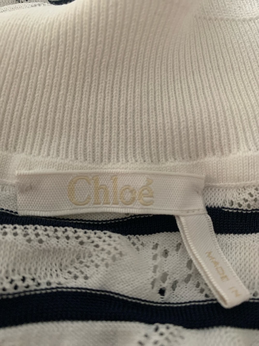 Chloe Ruffled Turtleneck Striped Sweater White & Navy Size S - Picture 6 of 6